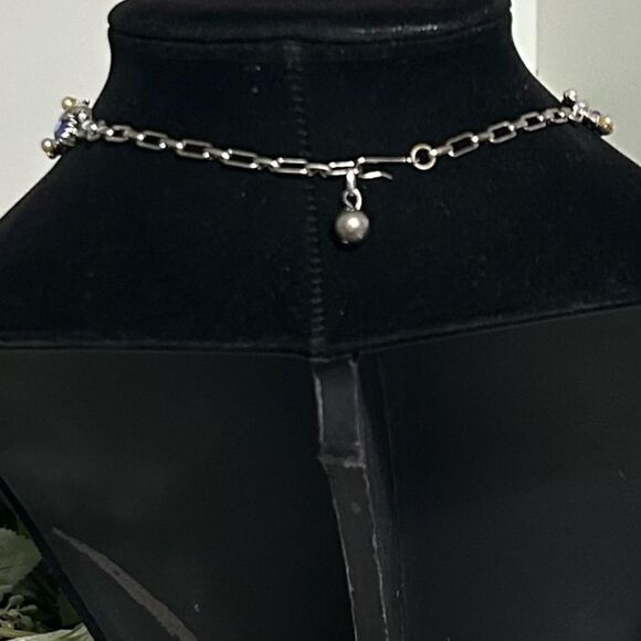 Vtg AB Crystal Choker Necklace Silver-tone Blue Aurora Borealis & Pearl Beads - Picture 9 of 11